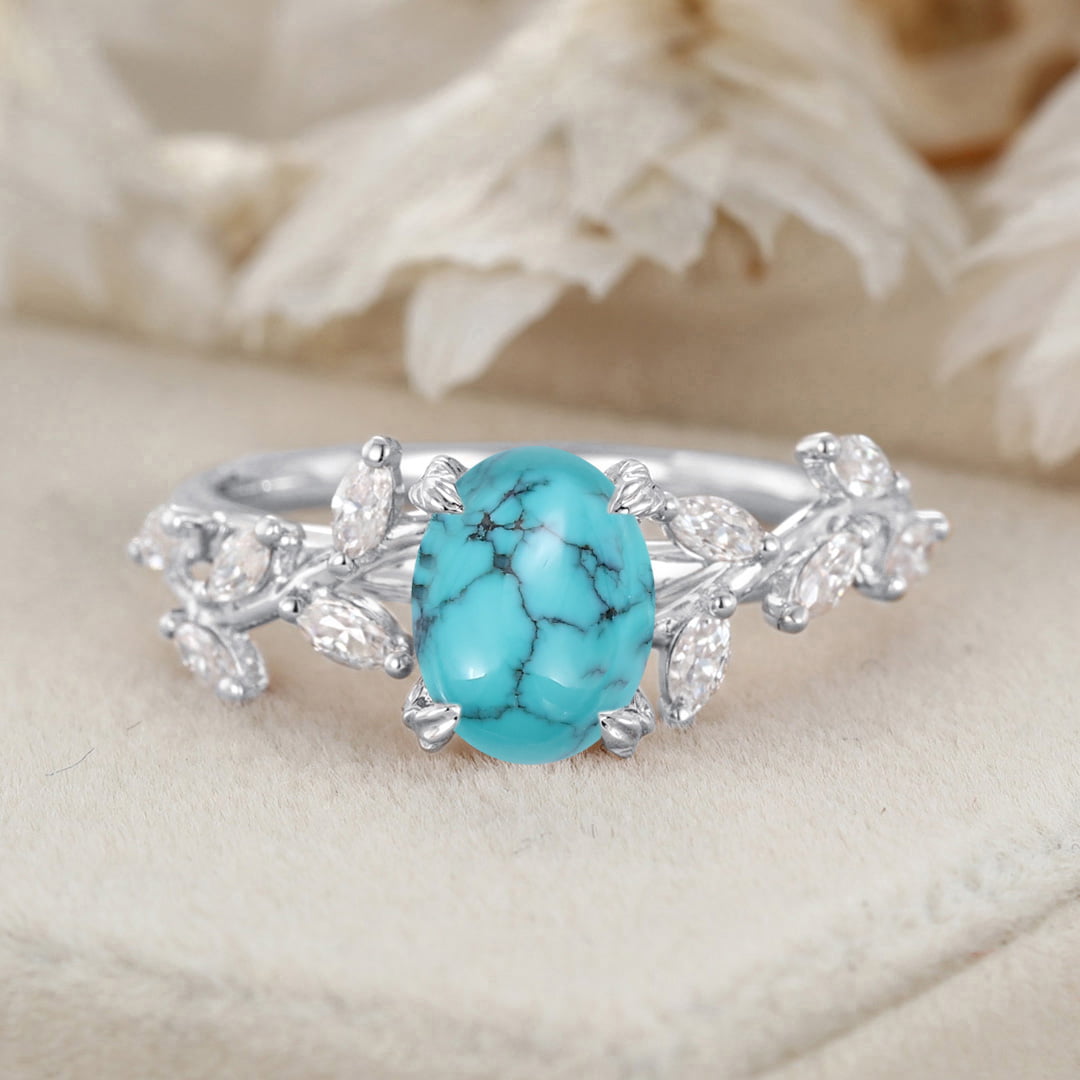 8x6mm Oval Shaped Natural Blue Turquoise Ring 14K Solid Gold Engagement Ring Branch Marquise Moissanite Cluster Ring