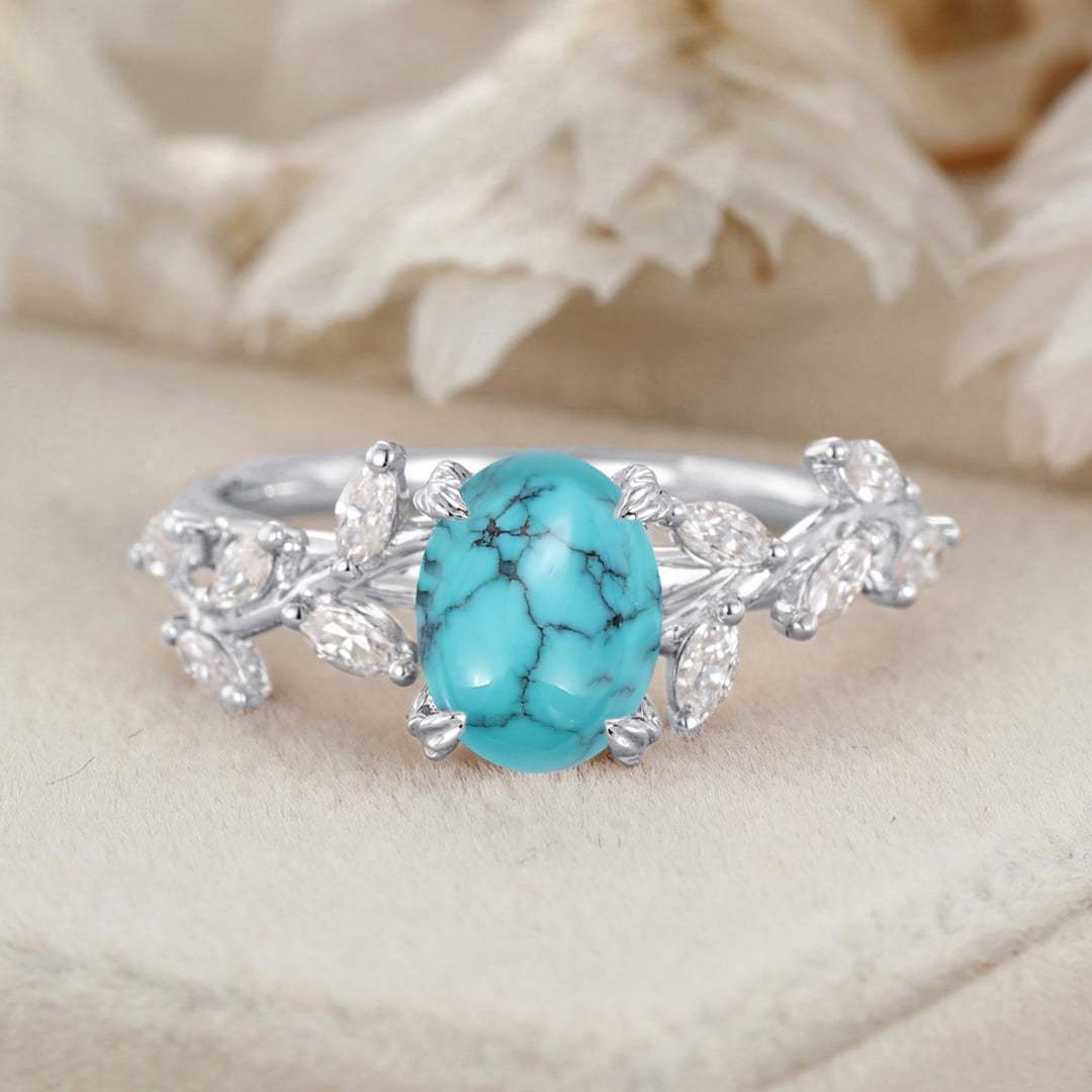 8x6mm Oval Shaped Natural Blue Turquoise Ring 14K Solid Gold Engagement Ring Branch Marquise Moissanite Cluster Ring