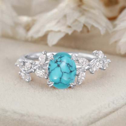 8x6mm Oval Shaped Natural Blue Turquoise Ring 14K Solid Gold Engagement Ring Branch Marquise Moissanite Cluster Ring