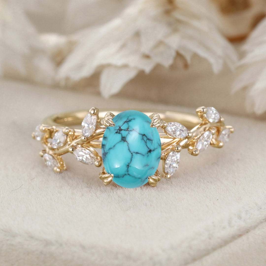 8x6mm Oval Shaped Natural Blue Turquoise Ring 14K Solid Gold Engagement Ring Branch Marquise Moissanite Cluster Ring