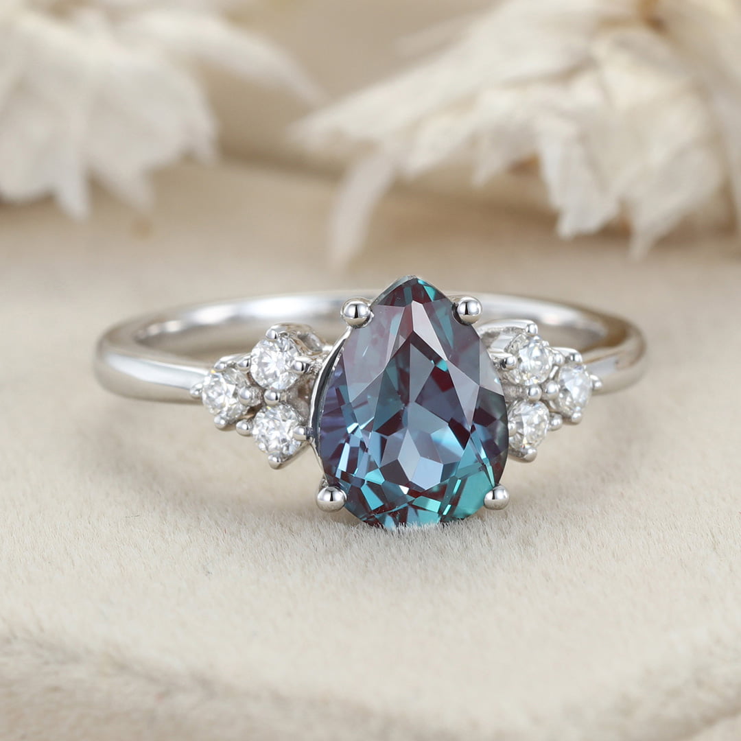 8x6mm Pear Cut Lab Alexandrite Engagement Ring 14K Rose Gold June birthstone
