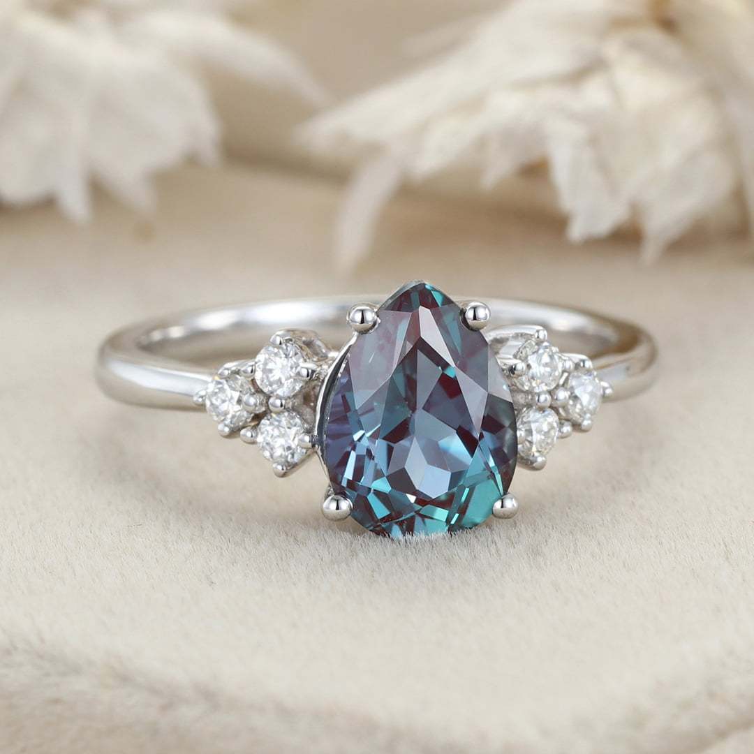 8x6mm Pear Cut Lab Alexandrite Engagement Ring 14K Rose Gold June birthstone