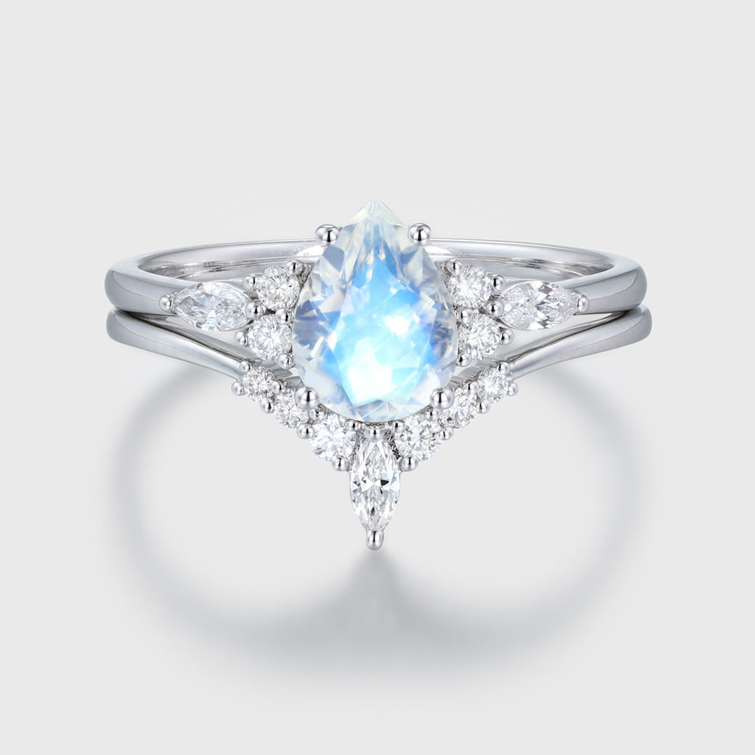 8x6mm Pear Cut Moonstone Engagement Ring Set In 14K White Gold