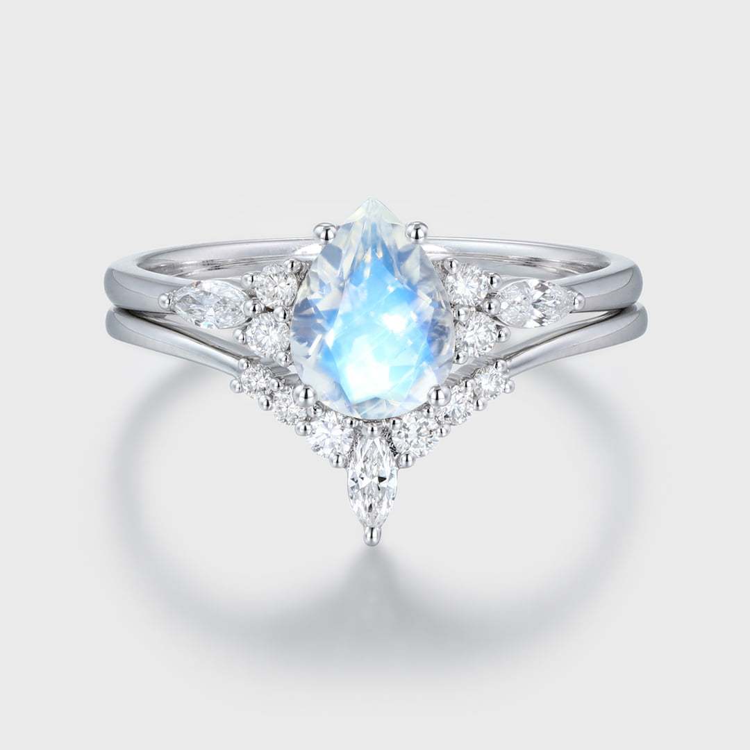 8x6mm Pear Cut Moonstone Engagement Ring Set In 14K White Gold