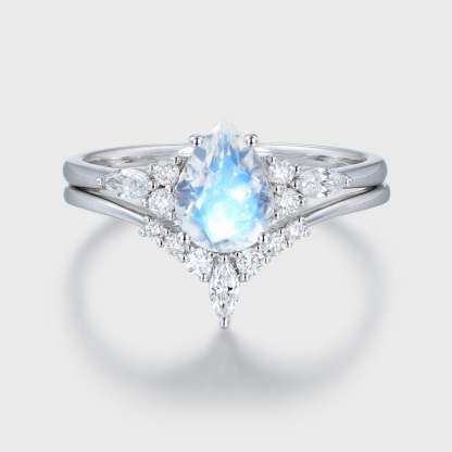 8x6mm Pear Cut Moonstone Engagement Ring Set In 14K White Gold