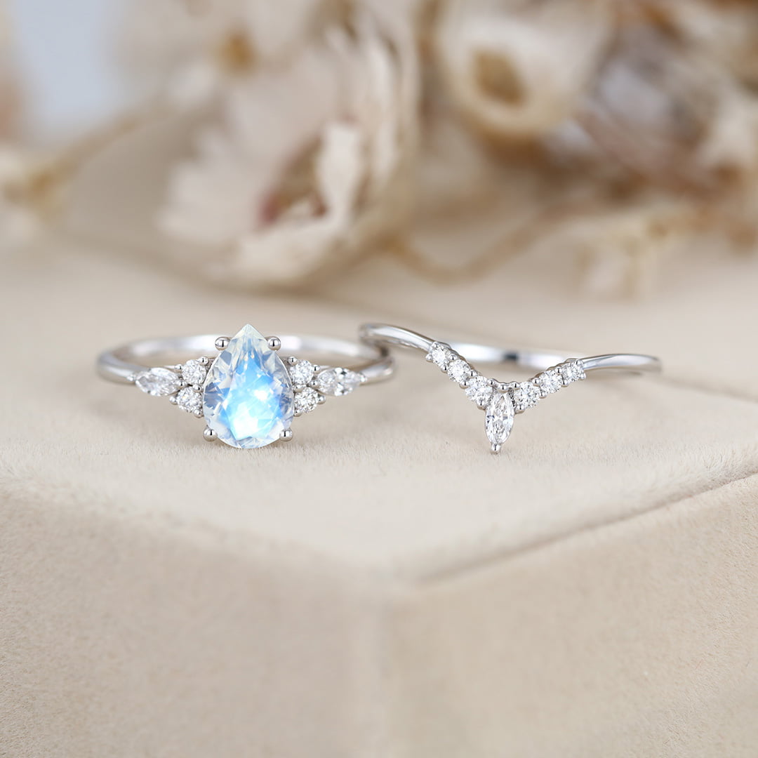 8x6mm Pear Cut Moonstone Engagement Ring Set In 14K White Gold