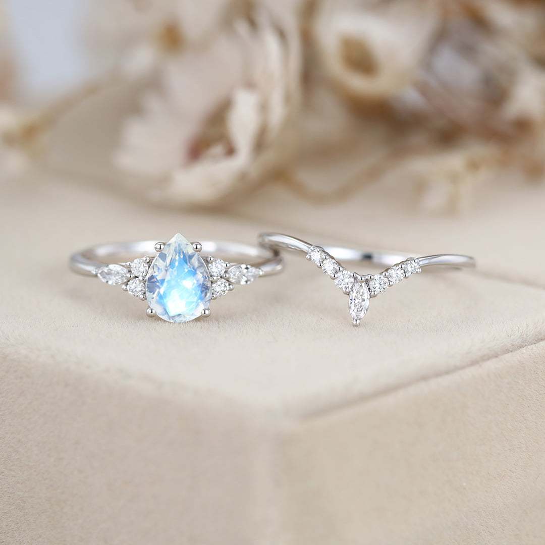 8x6mm Pear Cut Moonstone Engagement Ring Set In 14K White Gold