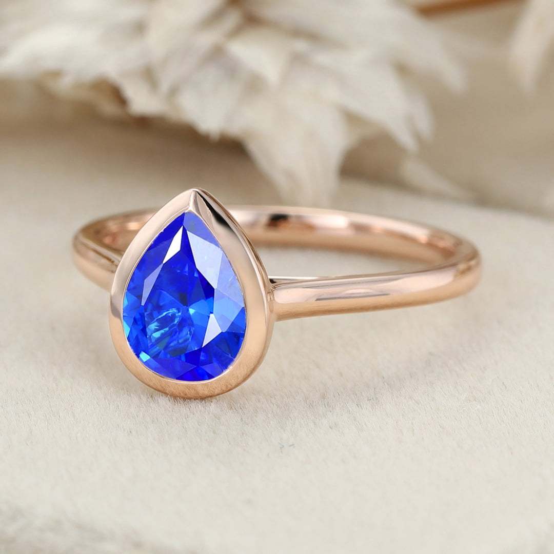 8x6mm Pear Lab Sapphire Ring Bezel Sapphire Engagement Ring Rose Gold Bezel Setting Ring September Birthstone