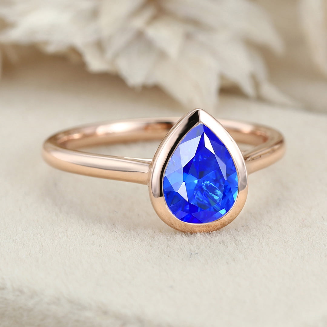 8x6mm Pear Lab Sapphire Ring Bezel Sapphire Engagement Ring Rose Gold Bezel Setting Ring September Birthstone