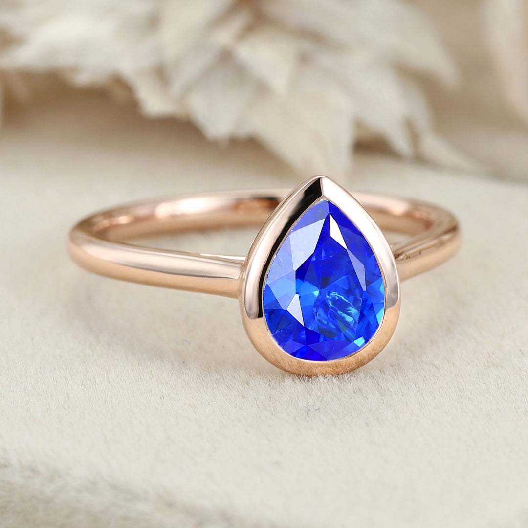 8x6mm Pear Lab Sapphire Ring Bezel Sapphire Engagement Ring Rose Gold Bezel Setting Ring September Birthstone