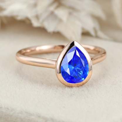 8x6mm Pear Lab Sapphire Ring Bezel Sapphire Engagement Ring Rose Gold Bezel Setting Ring September Birthstone