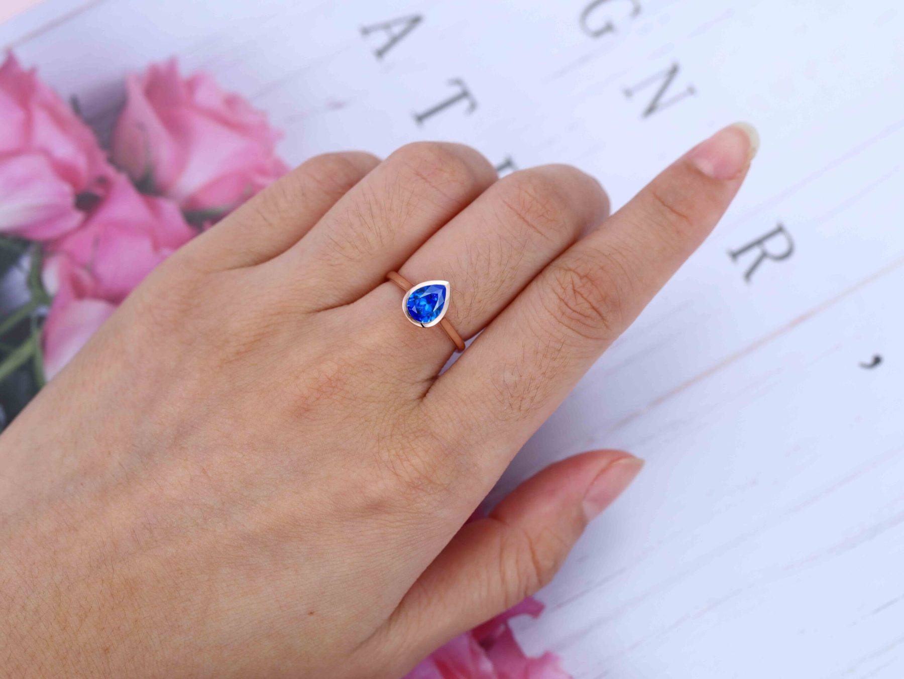 8x6mm Pear Lab Sapphire Ring Bezel Sapphire Engagement Ring Rose Gold Bezel Setting Ring September Birthstone