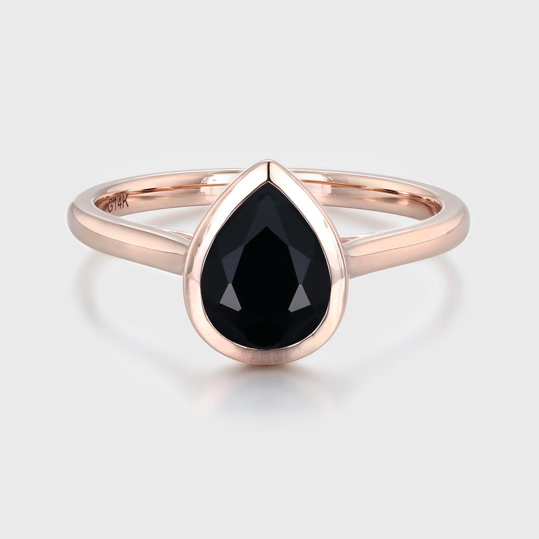 8x6mm Pear Shaped Bezel Black Onyx Ring 14K Rose Gold Engagement Ring Bezel Ring Solitaire Ring Promise Anniversary Gift For Her