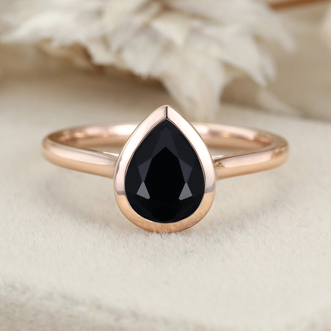 8x6mm Pear Shaped Bezel Black Onyx Ring 14K Rose Gold Engagement Ring Bezel Ring Solitaire Ring Promise Anniversary Gift For Her