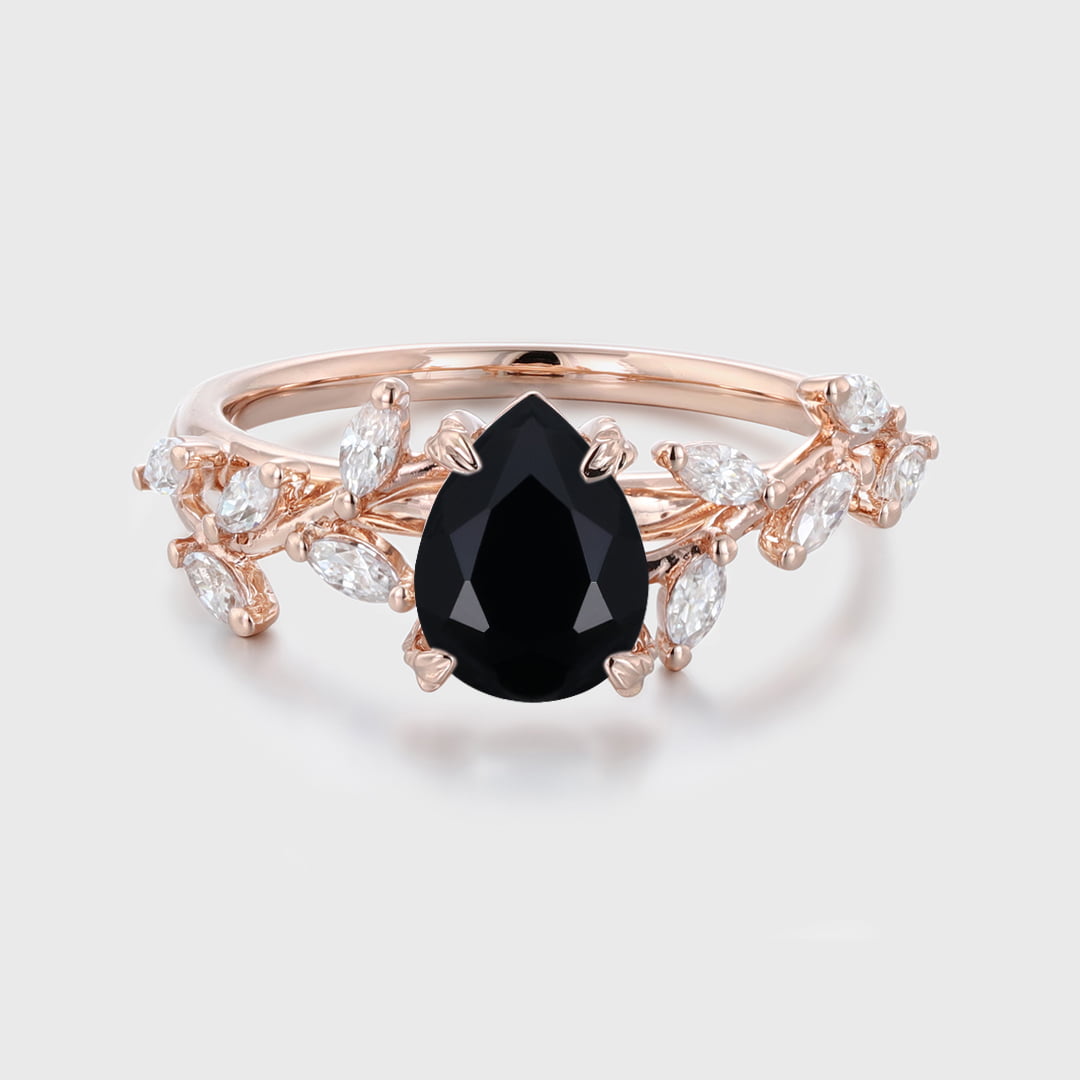 8x6mm Pear Shaped Black Onyx Engagement Ring Branch Marquise Diamond Cluster Ring 14K Solid Gold