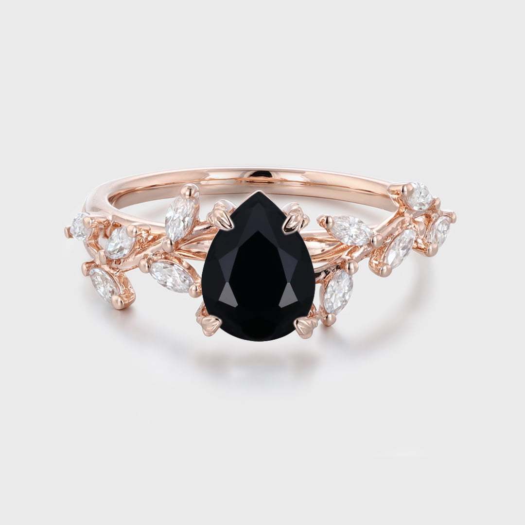 8x6mm Pear Shaped Black Onyx Engagement Ring Branch Marquise Diamond Cluster Ring 14K Solid Gold