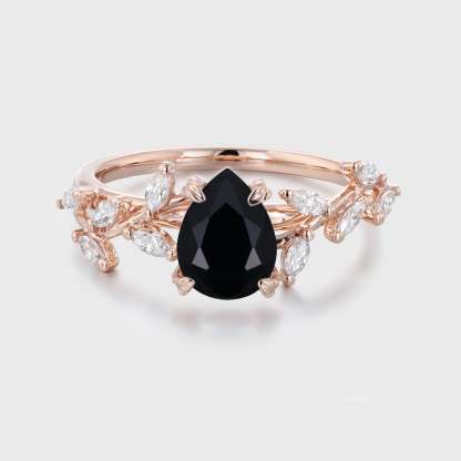 8x6mm Pear Shaped Black Onyx Engagement Ring Branch Marquise Diamond Cluster Ring 14K Solid Gold