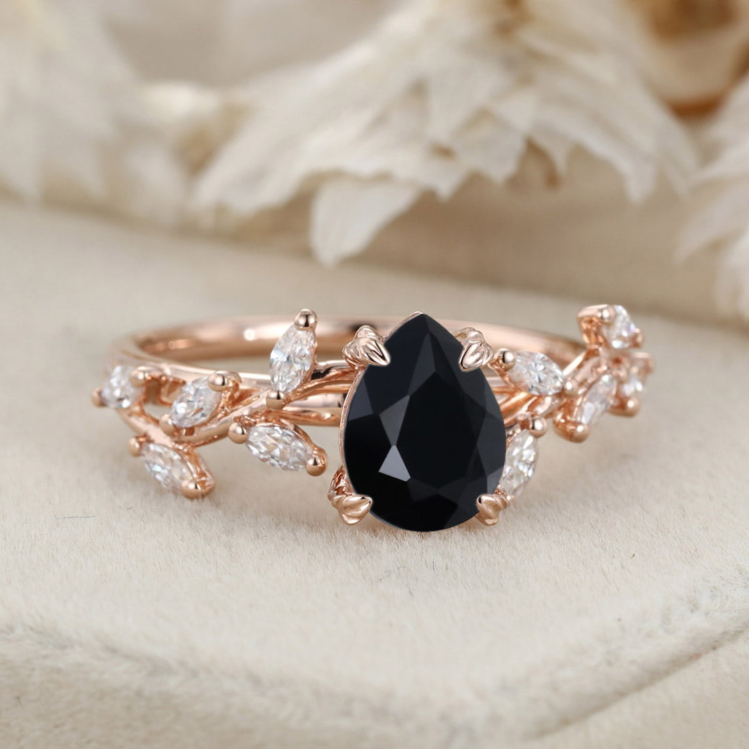 8x6mm Pear Shaped Black Onyx Engagement Ring Branch Marquise Diamond Cluster Ring 14K Solid Gold