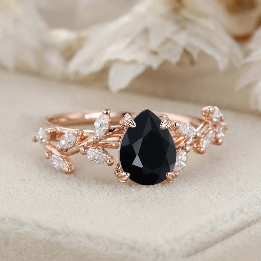 8x6mm Pear Shaped Black Onyx Engagement Ring Branch Marquise Diamond Cluster Ring 14K Solid Gold
