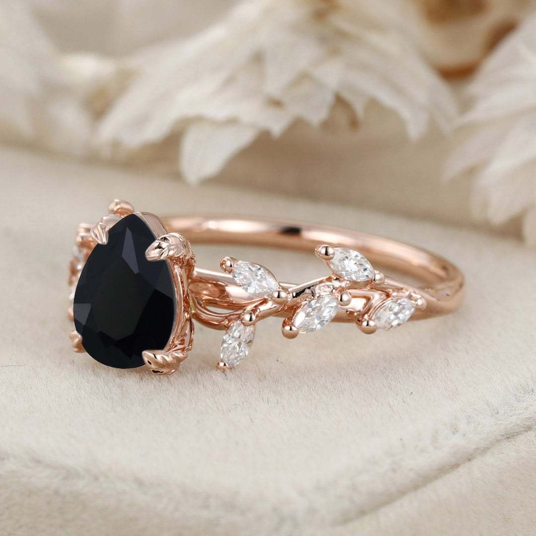 8x6mm Pear Shaped Black Onyx Engagement Ring Branch Marquise Diamond Cluster Ring 14K Solid Gold