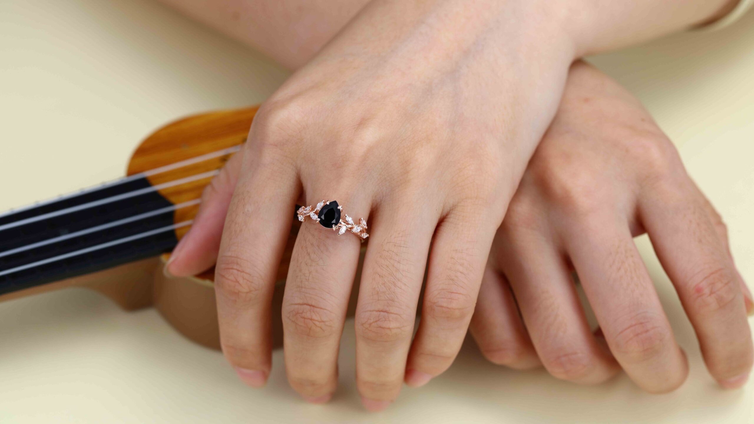 8x6mm Pear Shaped Black Onyx Engagement Ring Branch Marquise Diamond Cluster Ring 14K Solid Gold