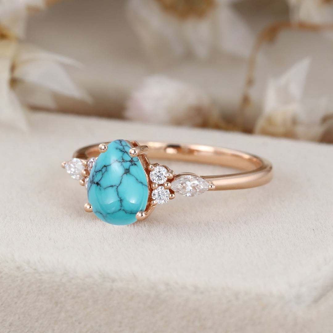 8x6mm Pear Shaped Turquoise Engagement Ring 14K Rose gold Cluster Moissanite Wedding Ring December Birthstone