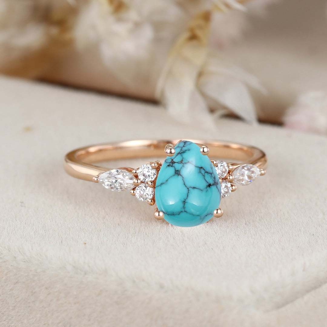8x6mm Pear Shaped Turquoise Engagement Ring 14K Rose gold Cluster Moissanite Wedding Ring December Birthstone