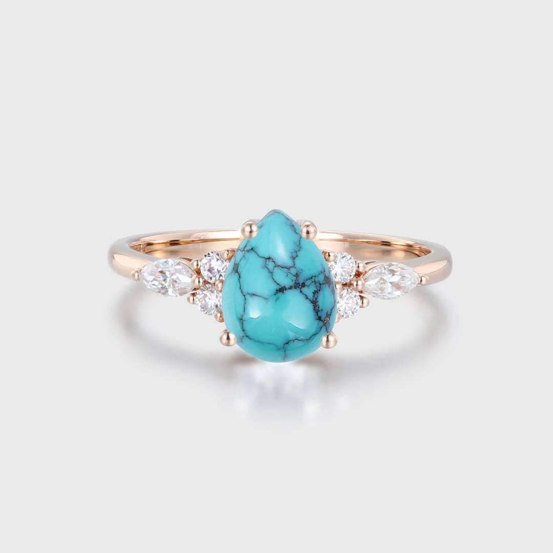 8x6mm Pear Shaped Turquoise Engagement Ring 14K Rose gold Cluster Moissanite Wedding Ring December Birthstone