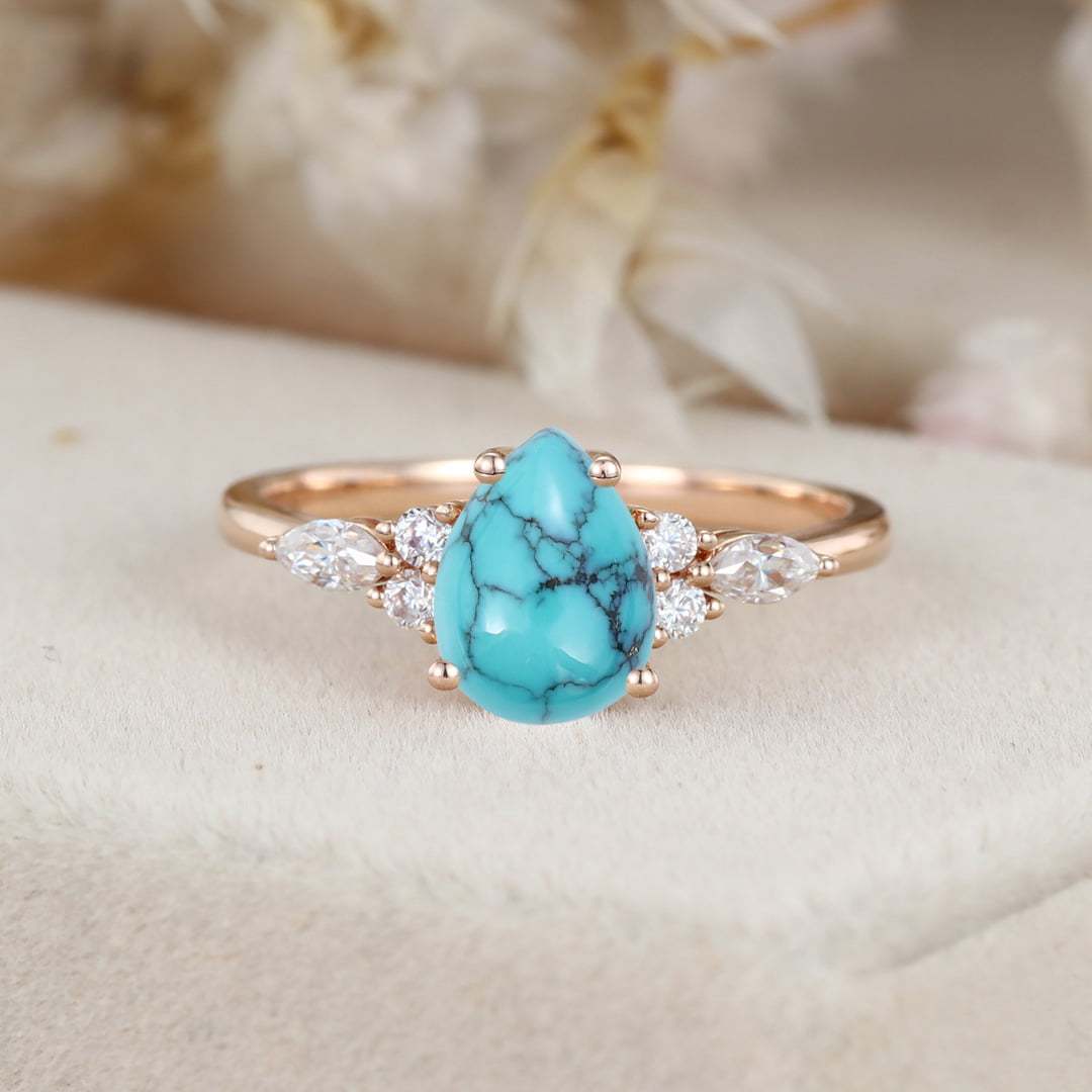 8x6mm Pear Shaped Turquoise Engagement Ring 14K Rose gold Cluster Moissanite Wedding Ring December Birthstone