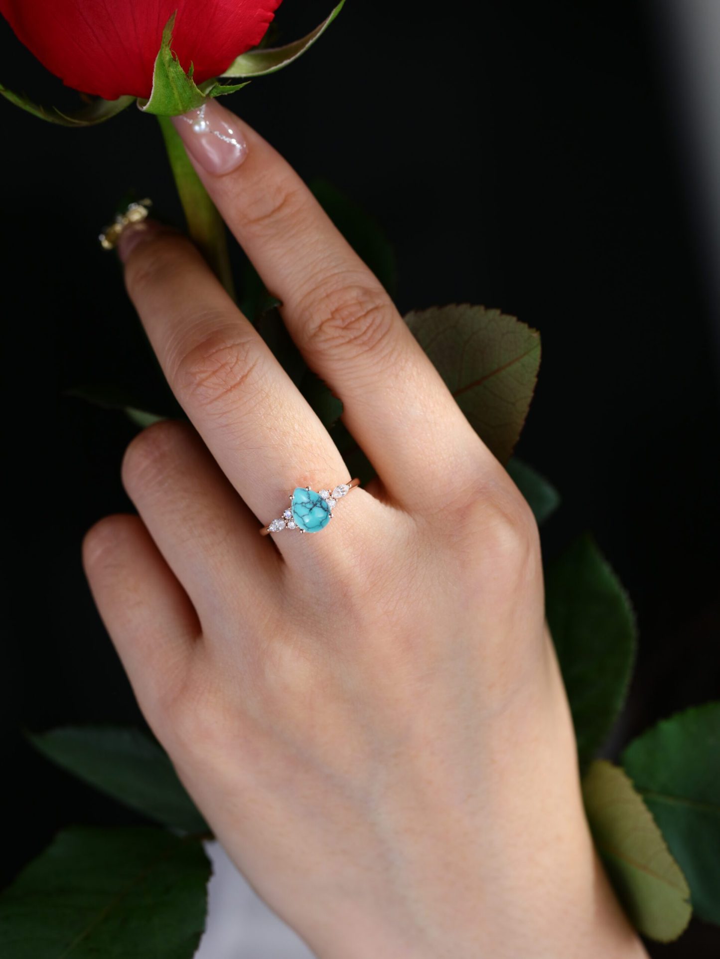 8x6mm Pear Shaped Turquoise Engagement Ring 14K Rose gold Cluster Moissanite Wedding Ring December Birthstone