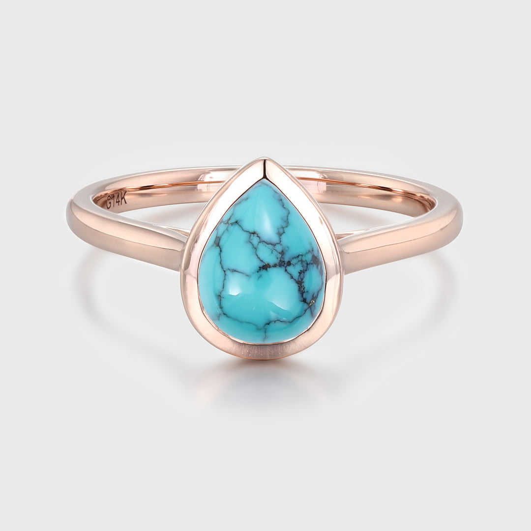 8x6mm Pear Shaped Turquoise Engagement Ring Bezel Set Turquoise Ring Vintage Rose Gold Ring Anniversary Gift