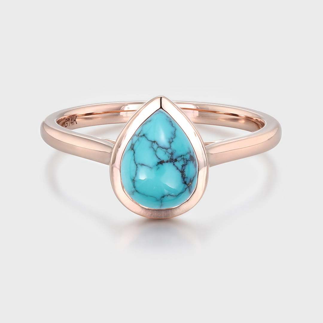8x6mm Pear Shaped Turquoise Engagement Ring Bezel Set Turquoise Ring Vintage Rose Gold Ring Anniversary Gift