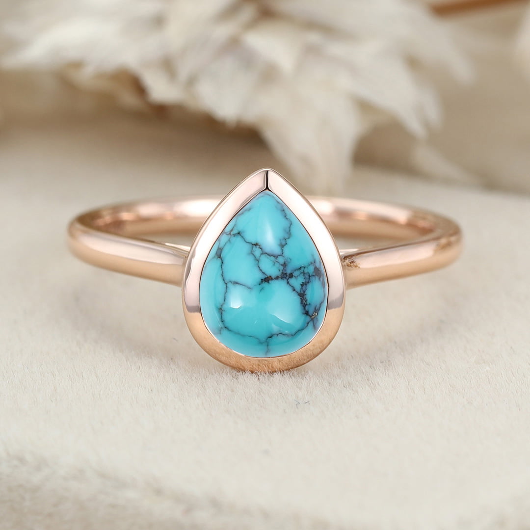 8x6mm Pear Shaped Turquoise Engagement Ring Bezel Set Turquoise Ring Vintage Rose Gold Ring Anniversary Gift