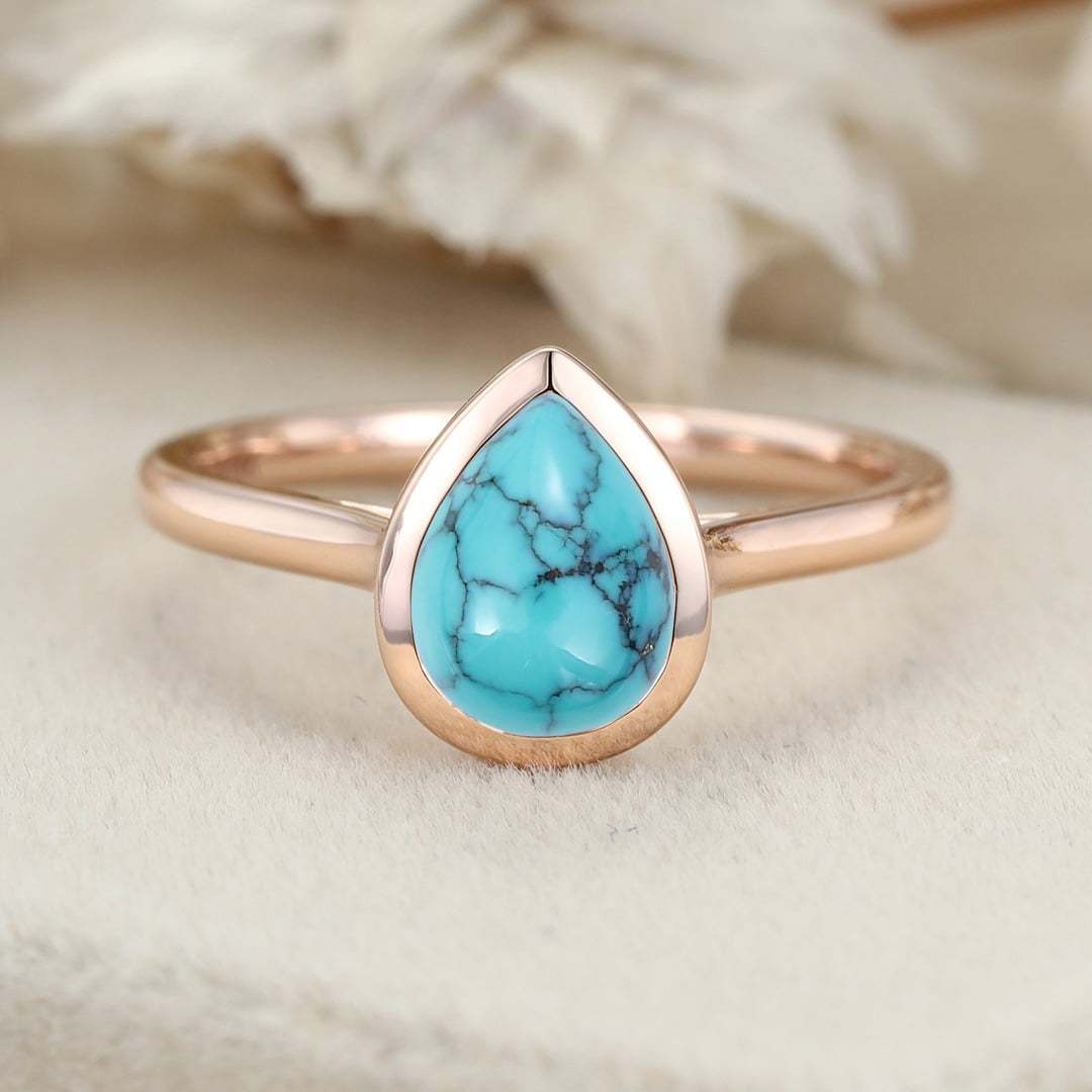 8x6mm Pear Shaped Turquoise Engagement Ring Bezel Set Turquoise Ring Vintage Rose Gold Ring Anniversary Gift