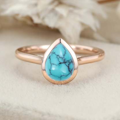 8x6mm Pear Shaped Turquoise Engagement Ring Bezel Set Turquoise Ring Vintage Rose Gold Ring Anniversary Gift