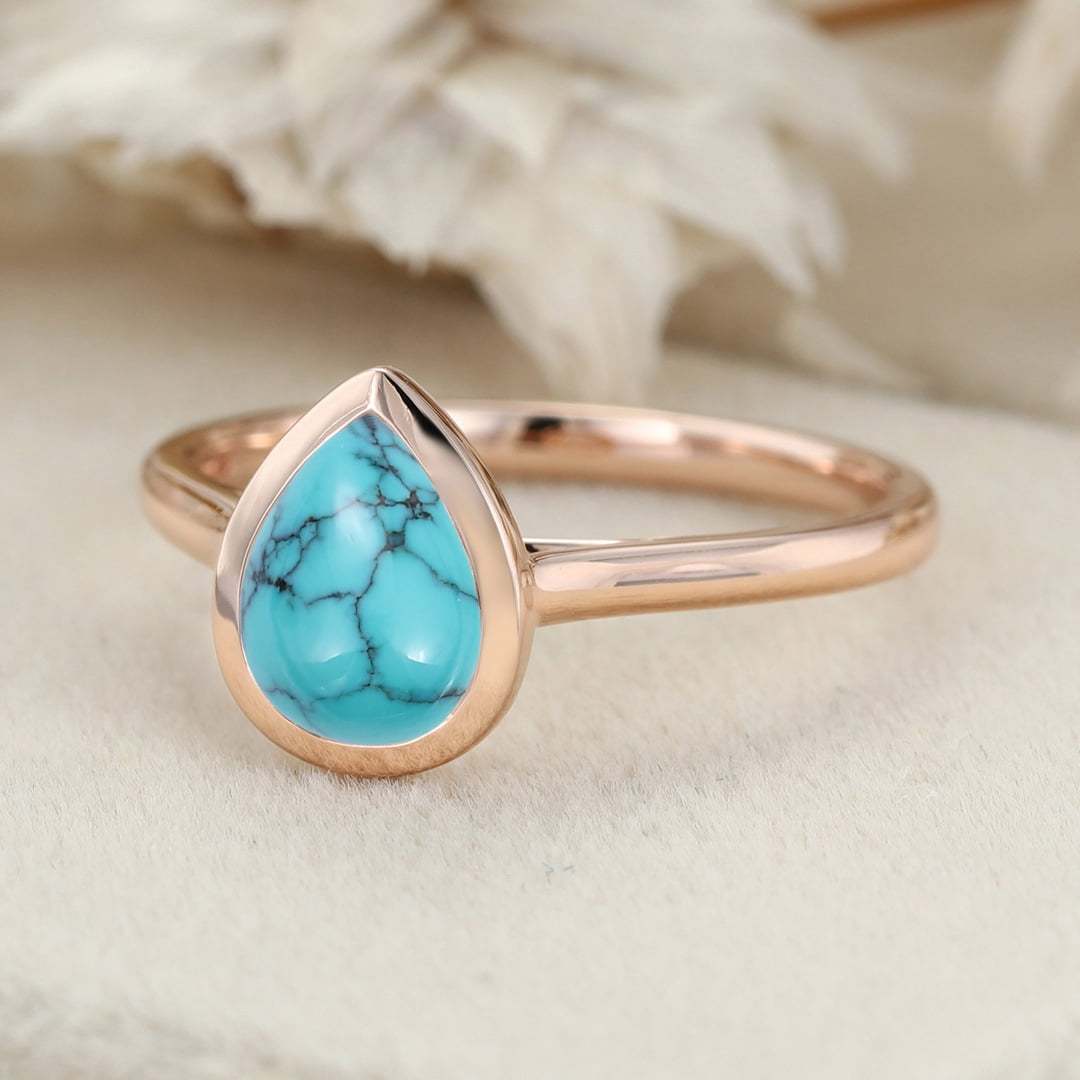8x6mm Pear Shaped Turquoise Engagement Ring Bezel Set Turquoise Ring Vintage Rose Gold Ring Anniversary Gift