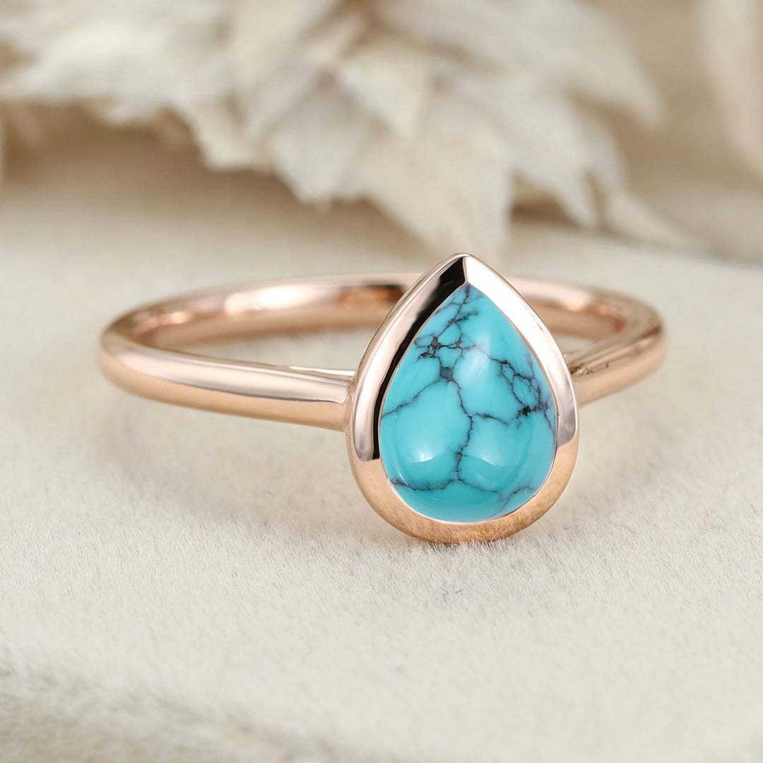 8x6mm Pear Shaped Turquoise Engagement Ring Bezel Set Turquoise Ring Vintage Rose Gold Ring Anniversary Gift
