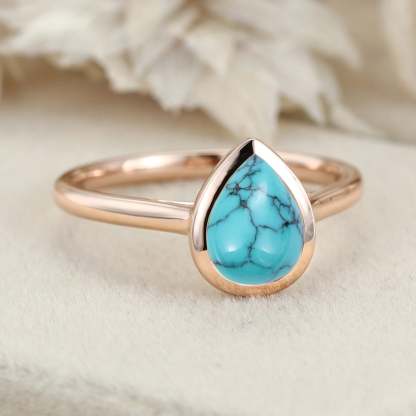 8x6mm Pear Shaped Turquoise Engagement Ring Bezel Set Turquoise Ring Vintage Rose Gold Ring Anniversary Gift