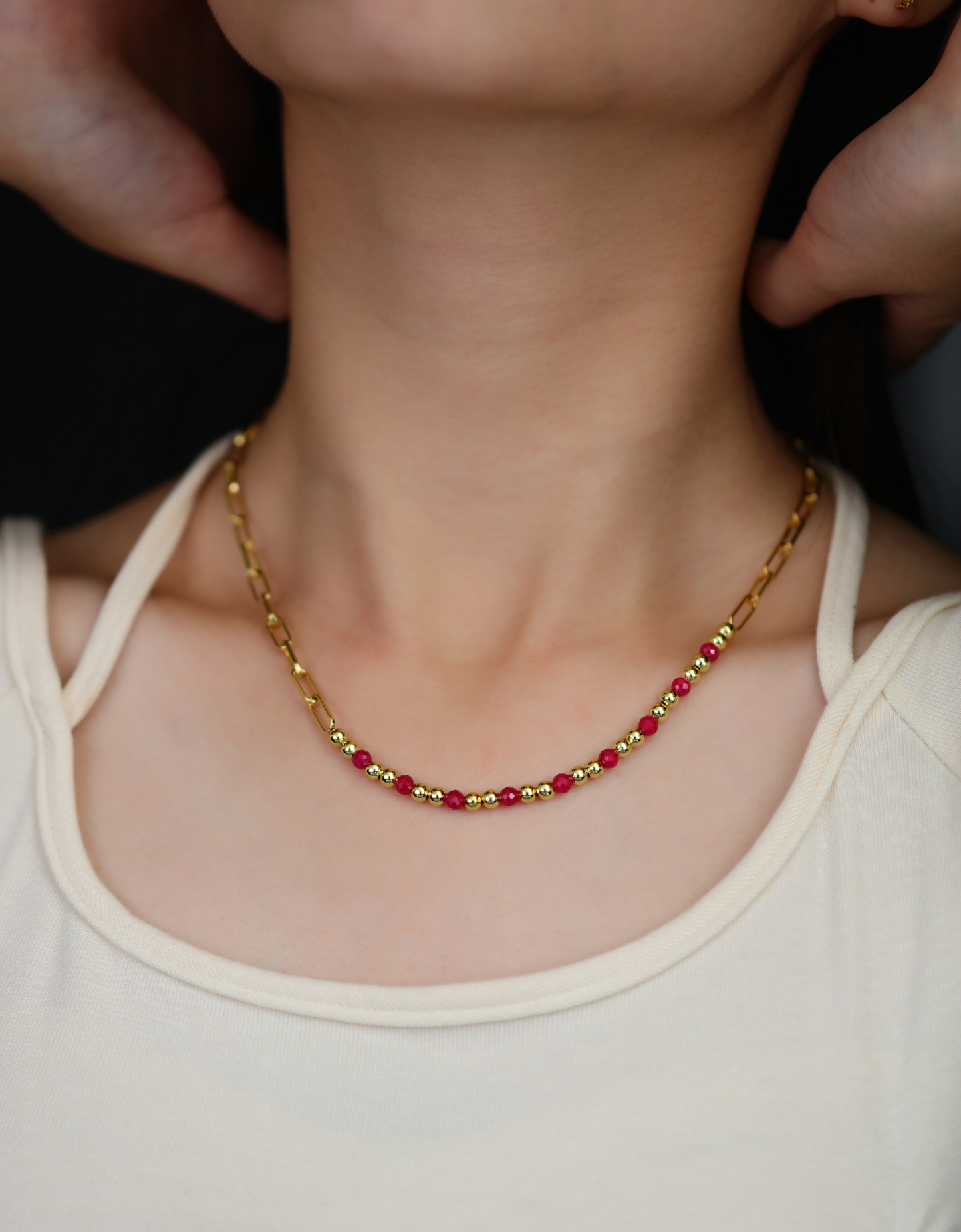 4mm Faceted Lab-Grown Ruby Gemstone Necklace- Gold Plated Gold Dainty Necklace | July Birthstone Jewelry for Women
