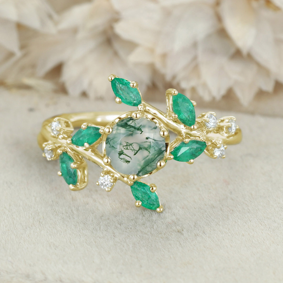 Round Moss agate Engagement Ring Vintage Unique 14K Solid White gold Moissanite engagement ring nature inspired Bridal set Anniversary gift