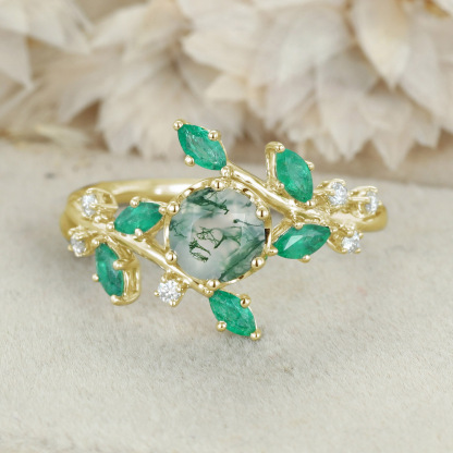 Round Moss agate Engagement Ring Vintage Unique 14K Solid White gold Moissanite engagement ring nature inspired Bridal set Anniversary gift