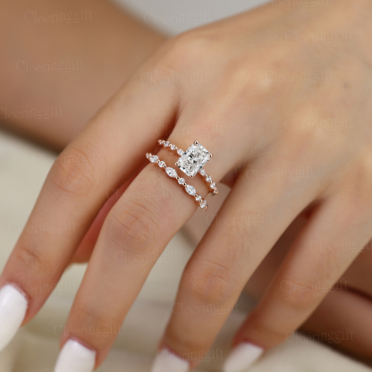 1.0ct Radiant Cut Lab Grown Diamond Cluster Engagement Ring Set