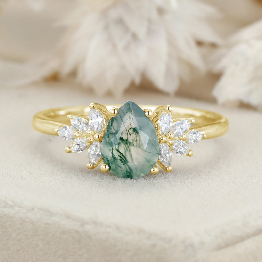 Natural Green Moss Agate Pear cut Cluster Engagement rings