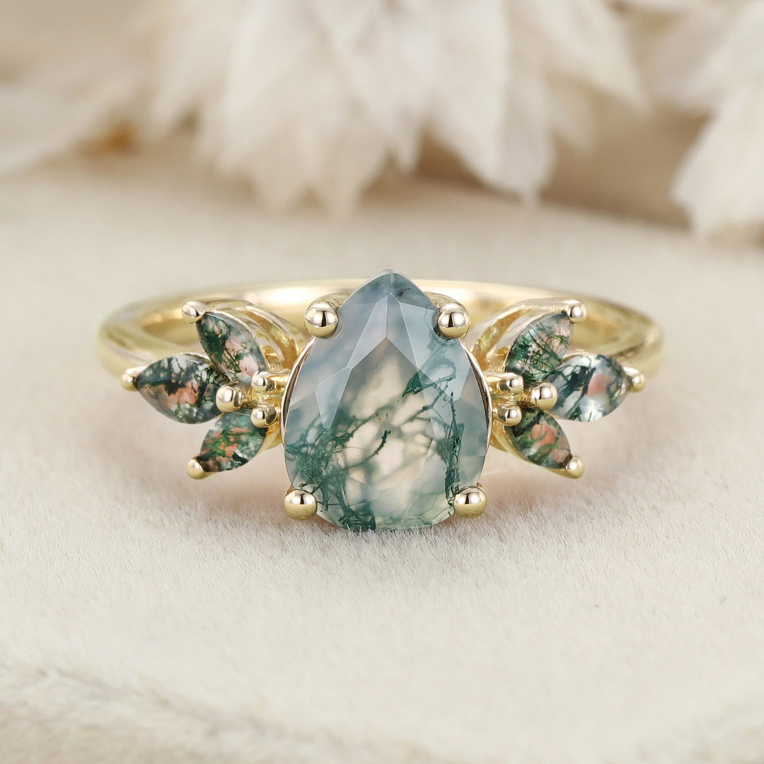 Natural Green Moss Agate pear cut cluster Engagement Ring