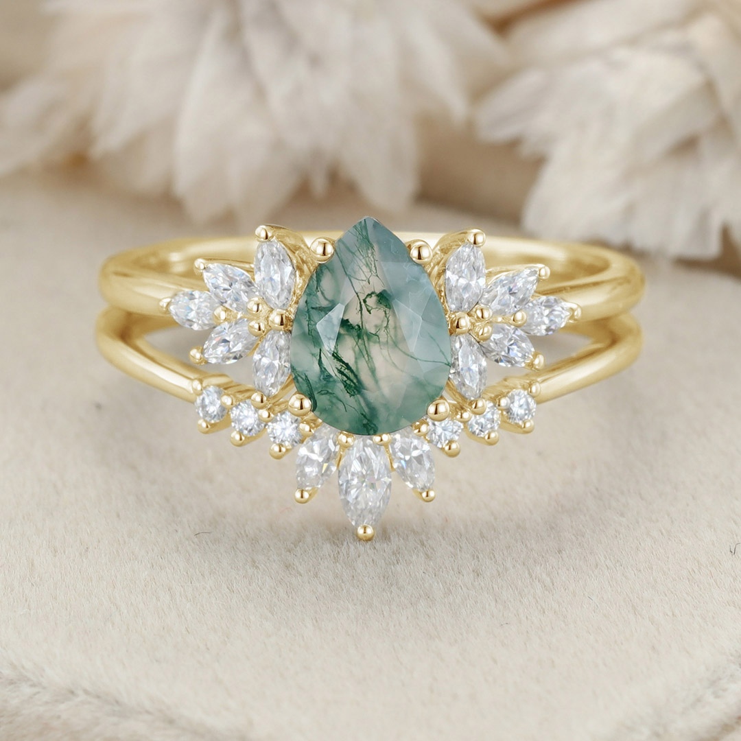 Natural Green Moss Agate 2PCS Pear Cluster Engagement ring Bridal Set