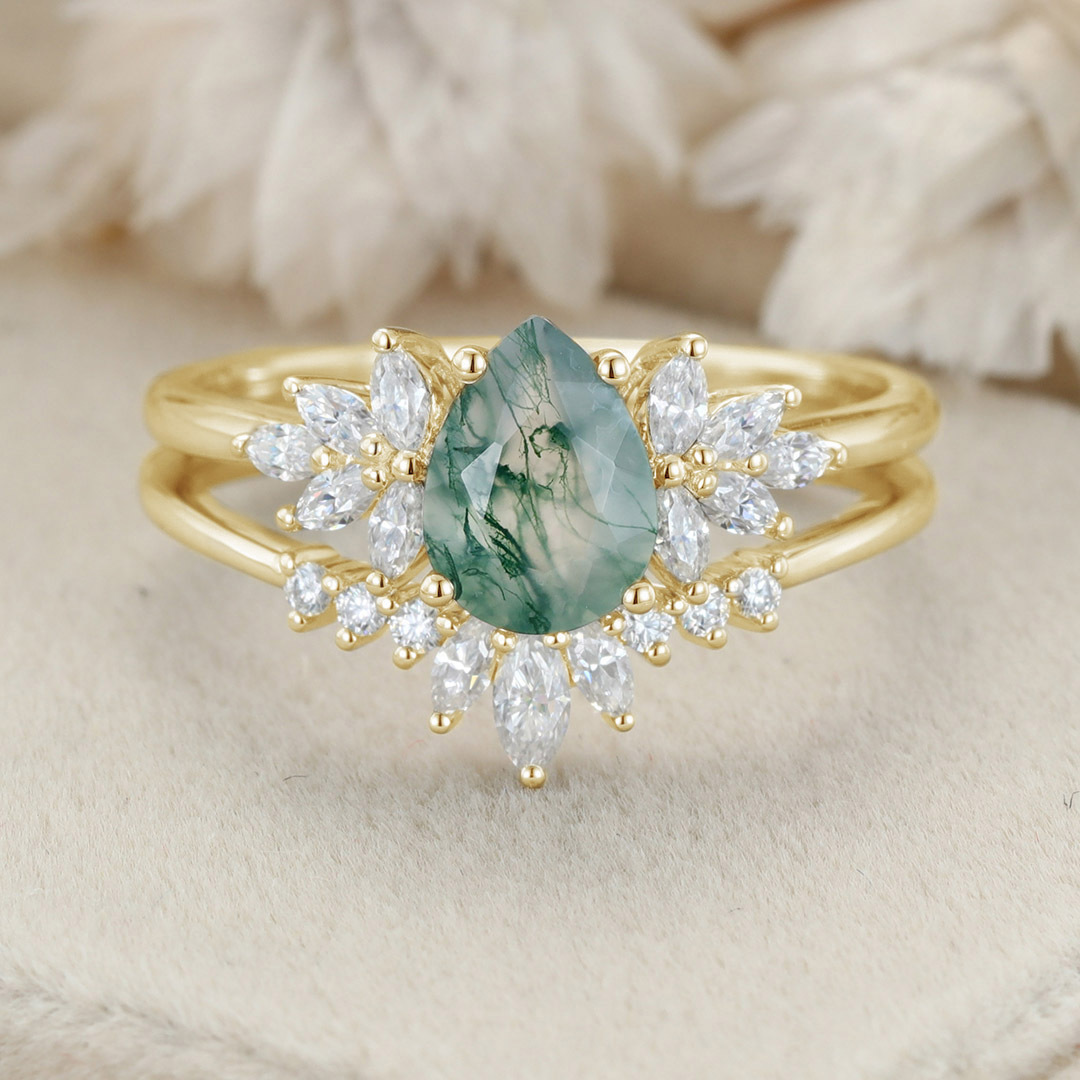 Natural Green Moss Agate 2PCS Pear Cluster Engagement ring Bridal Set