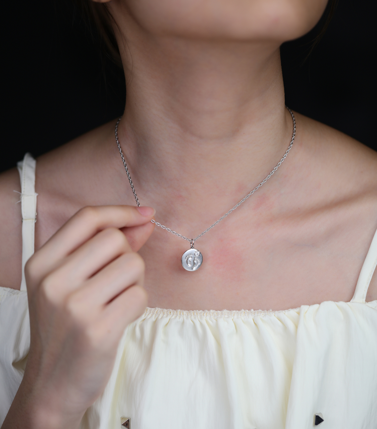 Custom Birthstone Footprints Engraved Round Medallion Pendant Necklace – Gold or Silver Plated – A Delicate Gift for Women, Moms, and Kids