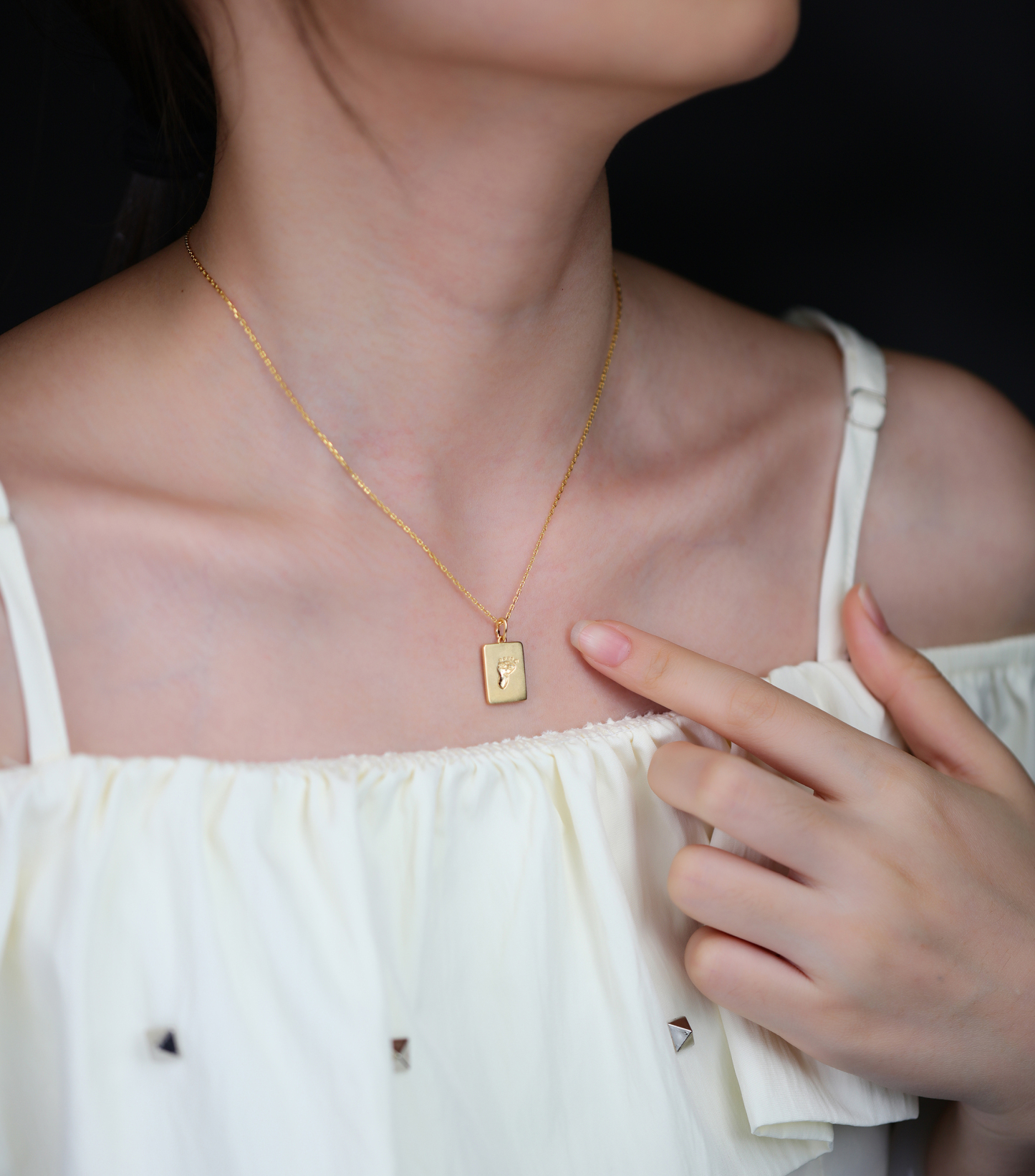 Yellow Gold Baby Footprints Customized Birthstones Engraved Name Square Pendant Necklace