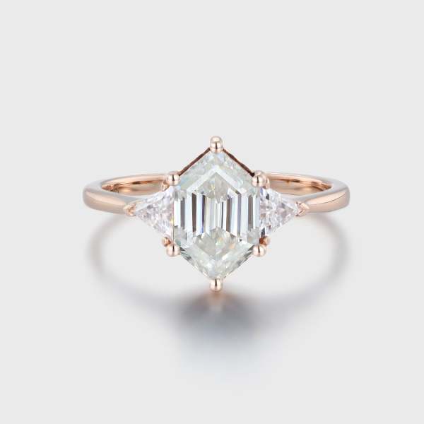 Unique Triangle Long Hexagon Cut Three Stone Moissanite Engagement Ring