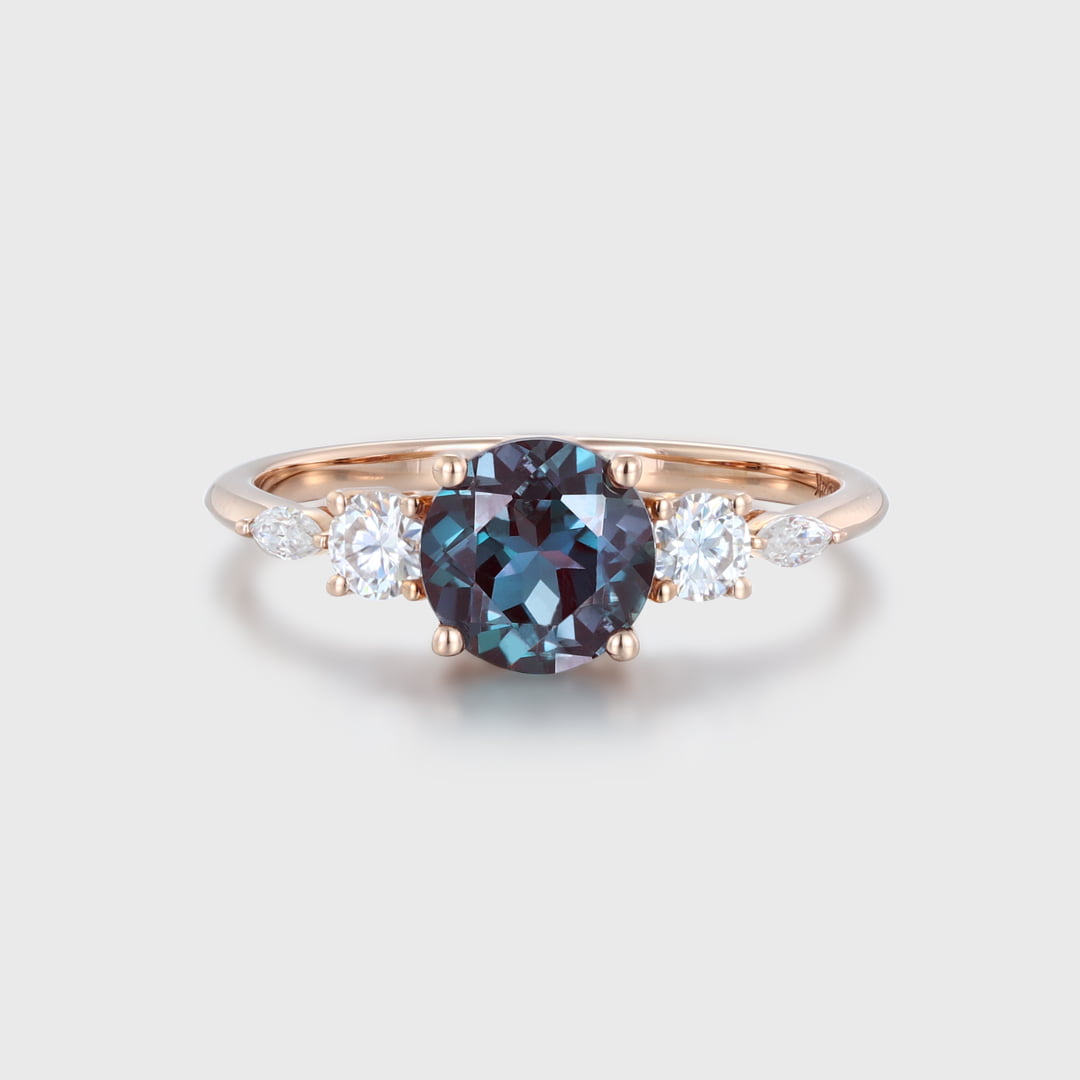 Round Cut Alexandrite Engagement Ring Side Stones Round Moissanite In 14K Rose Gold